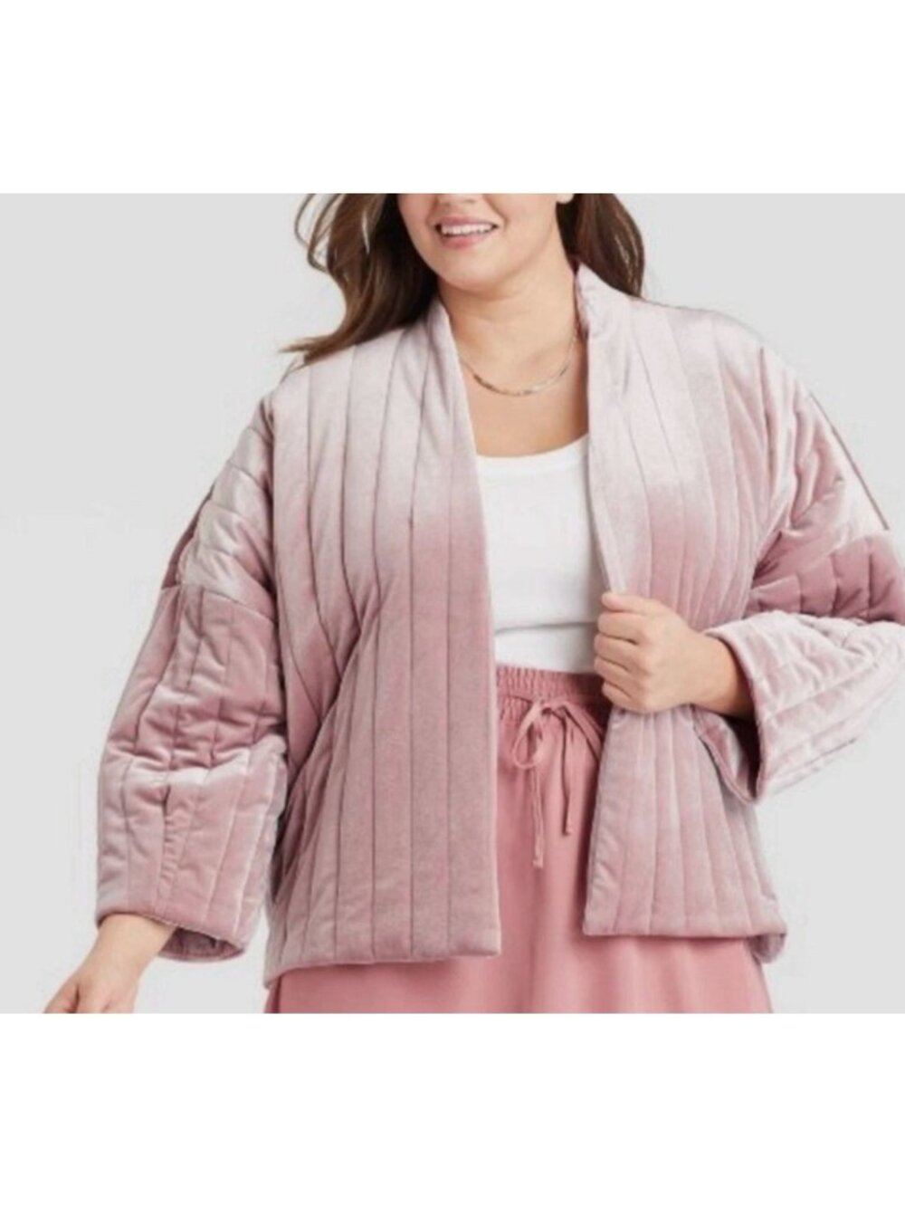 Dusty Pink Quilted Velvet Dolman Sleeve Open Front Jacket OSFM Velour Coat Wrap